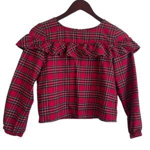 Copper Key Girls Crop RuffleTop Cotton‎ Back Keyhole L Red Plaid Preppy Academia